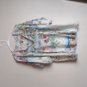 BEAUTEEFUL! Johnny Was Silk Boho Style Top Sparkly Silver Trim Tie at Neck XL **